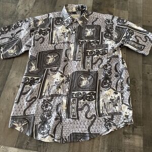 Vintage Far Far Sportwear 100% Silk Short Sleeve Shirt Size Small Button up art